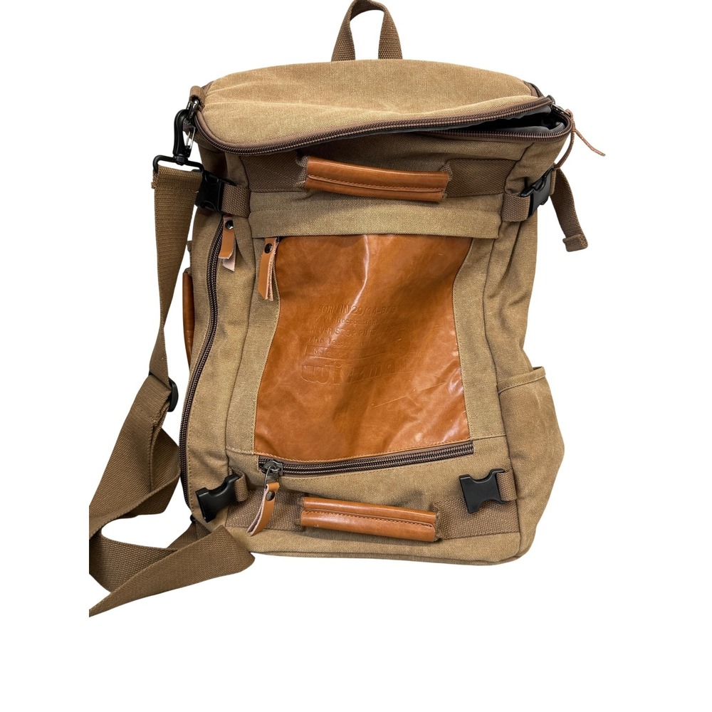 Witzman Backpack Mens Large Brown Canvas Faux Leather Convertible Travel Bag
